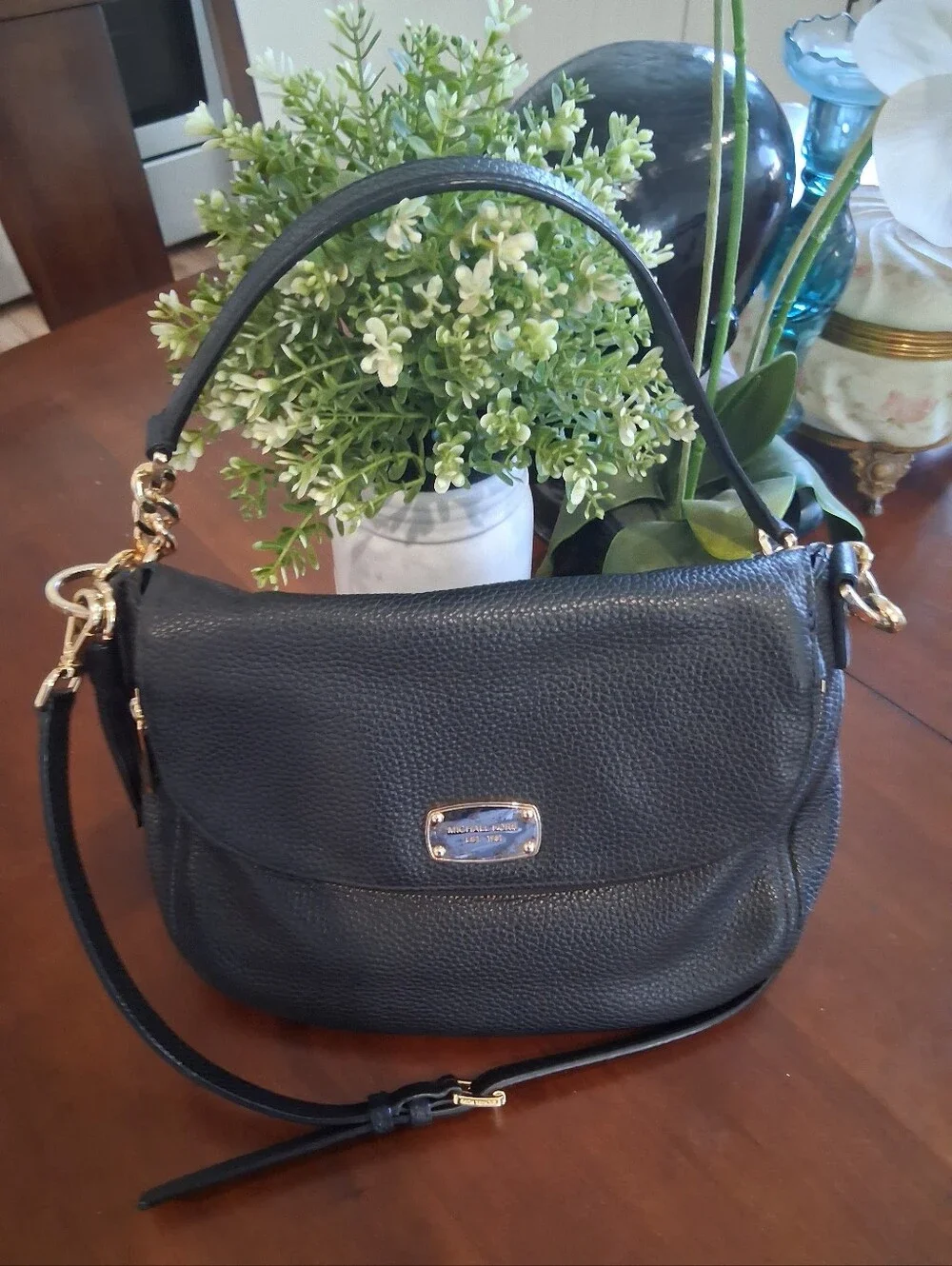Michael Kors Black Pebbled Leather Shoulder Bag with Gold Hardware
